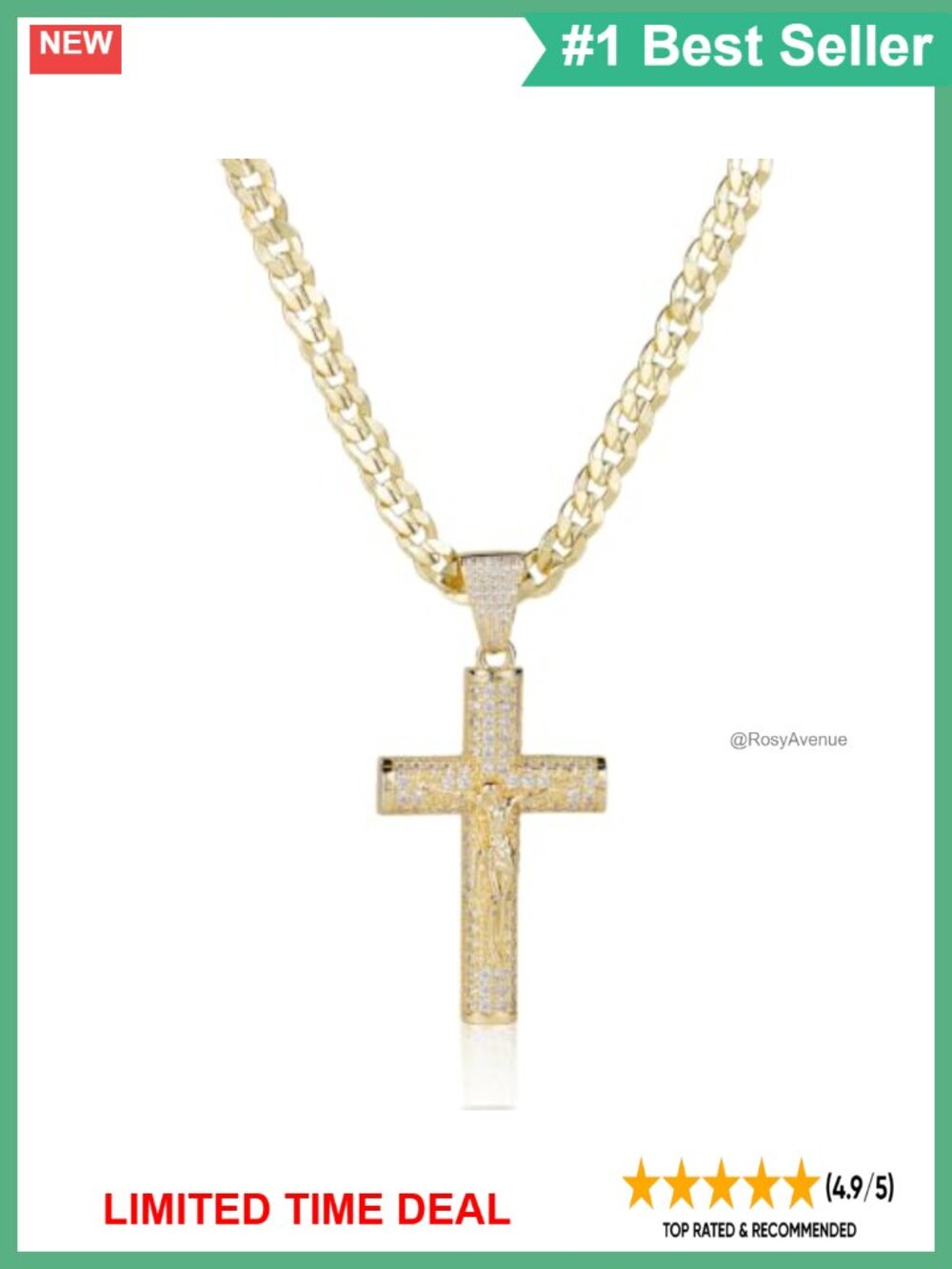 14K Gold-Plated Cuban Chain Cross Necklace 24 Inch 6mm